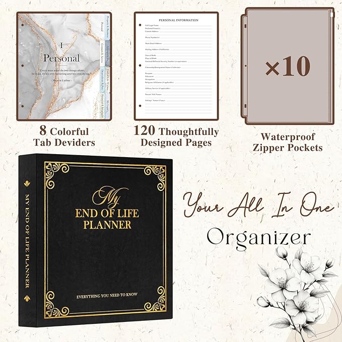 Lanpn End of Life Binder Organizer Death Planner 8.5"x11", Final Wishes & Estate Document Folder with 8 Dividers & 10 Letter Size Binder Pockets, When I Die Journal Before Death Life Plan Book, Black