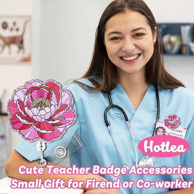 Pink Flower Badge Reel with Alligator Clip Funny ID Badge Holders Cute RN LPN CNA MA PCT Badge Buddy Nursing Medical Students Teachers Nurse Accessories for Work