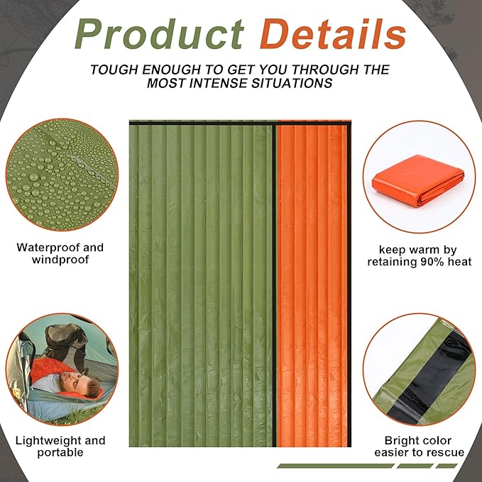 Preboun Emergency Sleeping Bag Bulk Portable Lightweight Survival Bag Thermal Bivy Sack Emergency Blanket Survival Gear for Outdoor Camping Hiking Homeless People Shelter