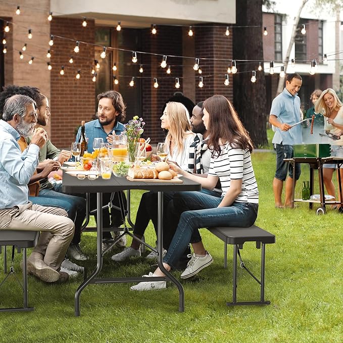 VINGLI Picnic Table Set with 2 Benches, 6 Feet Camping Table Chair Set, 3-Piece Folding Furniture for Indoor or Outdoor Use, Tree Patterned HDPE Tabletop, Black