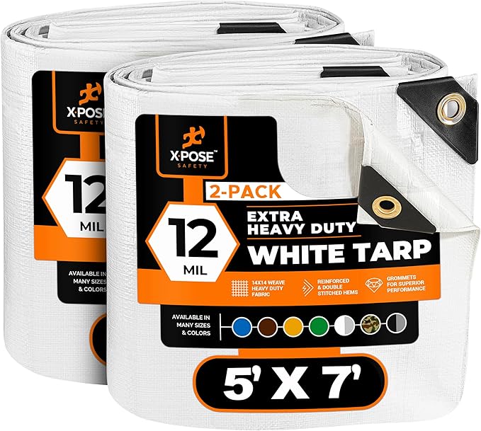 Heavy Duty White Poly Tarp 5' X 7' (2-Pack) - Multipurpose Protective Cover - Durable, Waterproof, Weather Proof, Rip and Tear Resistant - Extra Thick 12 Mil Polyethylene - by Xpose Safety