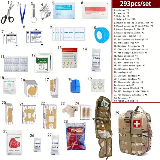 293Pcs/set - First Aid Kit Molle Pouches Emergency Survival Kit Suitable for Outdoor Activities, Home, School, Hiking, Car Travel and Camping - Quick Response First Aid Essentials (CP)