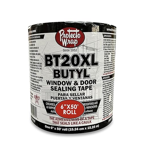 Protecto Wrap BT20XL Butyl Window Flashing Tape 6" x 50' – Professional Grade All Weather Waterproof Door & Sill Pan Sealing Tape | Self-Adhered Butyl Flashing for Windows & Sheathing Joints