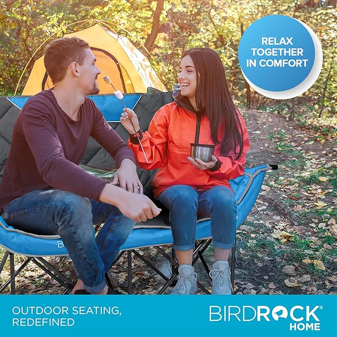 BIRDROCK HOME Double Camping Chair - Double Wine & Cup Holders - Blue & Grey, Durable Padded Fabric, Sturdy Frame, 650 lb Cap. Storage, Spacious Camping Sofa, Loveseat for The Beach, Sports, Outdoors
