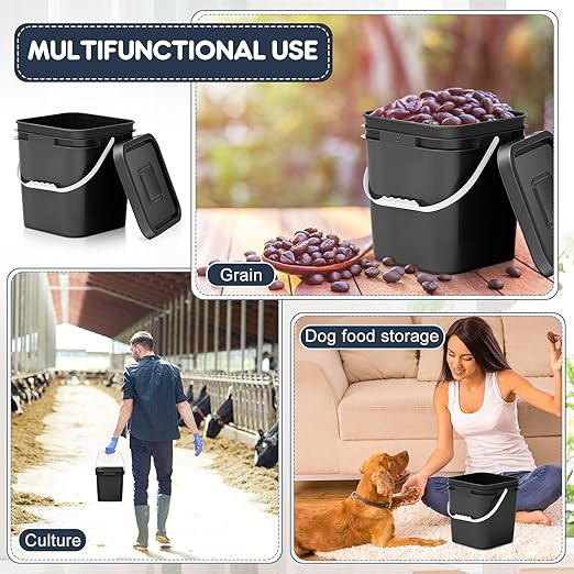 Mumufy 8 Pcs 3.5 Gallon Square Food Grade Bucket with Lid Square Bucket Pail with Plastic Handles for Storing Dry Food, Charcoal, Camping, Fishing (Black)