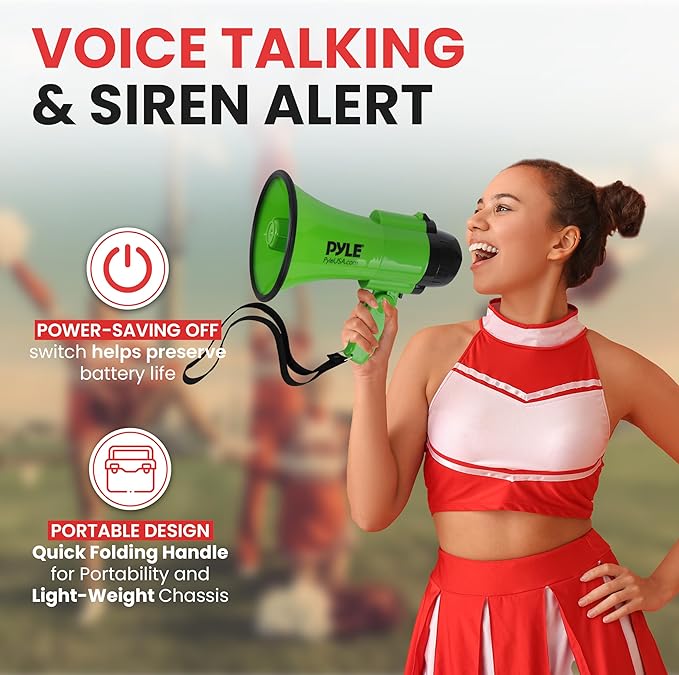 Pyle Compact Battery-Operated Megaphone with Siren - 30 Watt Power, Microphone, 2 Modes, PA Sound, Bullhorn, Foldable Handle for Cheerleading, Police Use (Green)