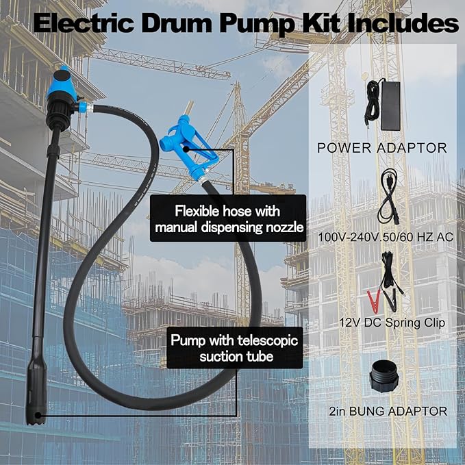 Electric Drum Pump (120V AC / 12V DC), 5 GPM flow fuel pump, for DEF, diesel, water, antifreeze. Includes a 6.6ft hose, 2-inch bung adapter, and 34-49in telescoping suction tube for 55-gallon barrels.