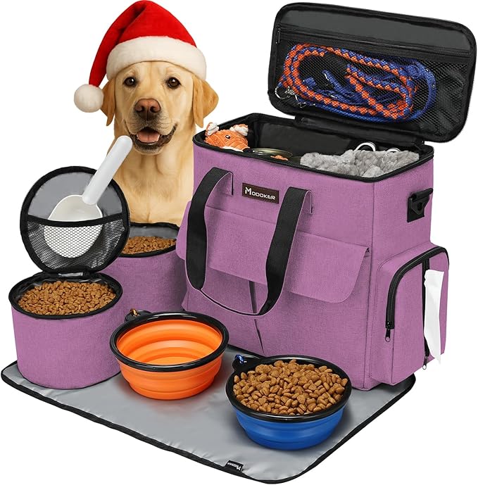 Modoker Dog Food Tote Bag, Airline Approved Pet Gear Travel Set Portable Diaper Accessories Organizer with 2 Food Storage Containers, 2 Collapsible Bowls, 1 Feeding Mat (Pink)