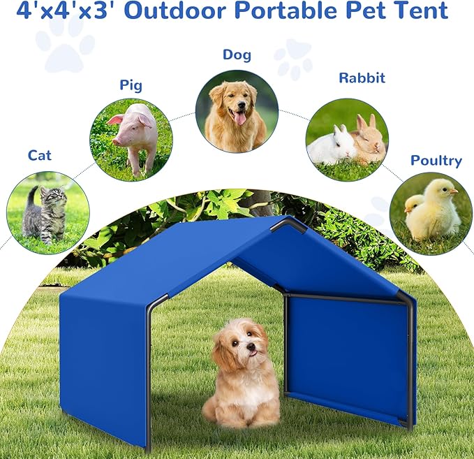 Dog Shade Shelter Outdoor, 4'x4'x3' Dog Tent Outdoor, Pet Tent Outside with Waterproof Roof, Blue Sun Rain Cover for Pet Cat Goat Pig Small Animals and Livestock