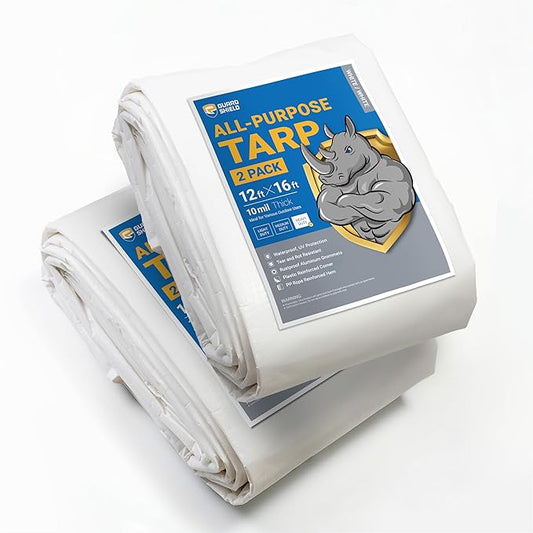 GUARD SHIELD Tarps Heavy Duty Waterproof 12x16 Feet White Poly Tarp Cover Outdoor Thick UV Resistant Tarpaulin with Grommets 10mil (2-Pack)