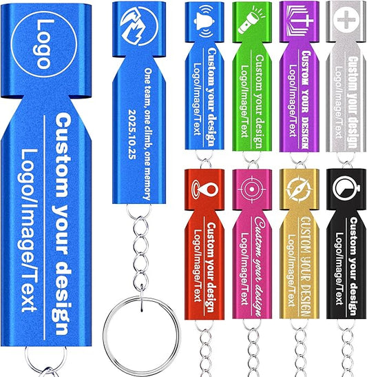 10Pcs Custom Emergency Whistles, Personalized Aluminum Safety Survival Whistle with Keychain, Engraved Name or Logo, Double Tube High Pitch for Outdoor Camping, Hiking, Boating, Fishing