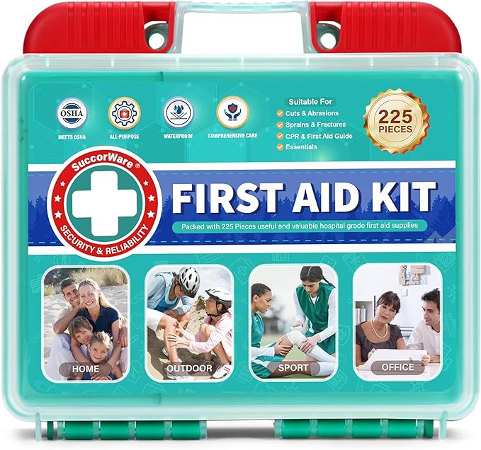 225 Pieces First Aid Kit, Includes Ice Pack, Adhesive Bandages, Wound Gauze Pads, Portable First Aid Bag for Home, Car, Business, Travel, Outdoor Emergency Medical Kits
