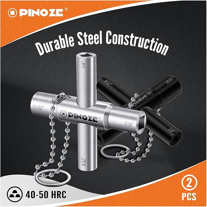 4 Way Sillcock Water Key, 1/4", 9/32", 5/16", 11/32", 2-Pack Steel Multi-Function Utility Key with Keychain for Sillcocks Faucets Valves Spigots, Silver & Black
