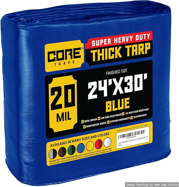 Core Tarps Extreme Heavy Duty 20 Mil Tarp Cover, Waterproof, UV Resistant, Rip and Tear Proof, Poly Tarpaulin with Reinforced Edges for Roof, Camping, Patio, Pool, Boat (Blue 24′ X 30′)