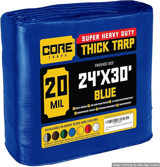 Core Tarps Extreme Heavy Duty 20 Mil Tarp Cover, Waterproof, UV Resistant, Rip and Tear Proof, Poly Tarpaulin with Reinforced Edges for Roof, Camping, Patio, Pool, Boat (Blue 24′ X 30′)