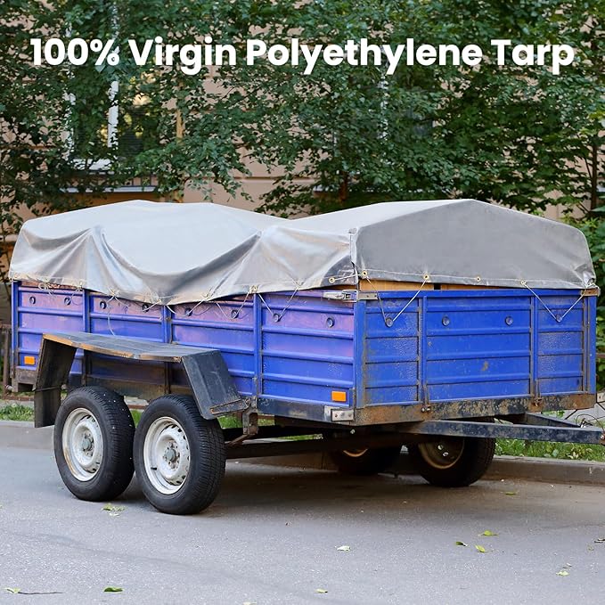Tarp 8x10FT, Extra Thick 16Mil Heavy Duty Waterproof Tarps with Brass Grommets and Reinforced Edges, Tear & Fade Resistant, 100% UV Blocking Outdoor Tarp for Roof Camping Patio Pool Boat (Silver)
