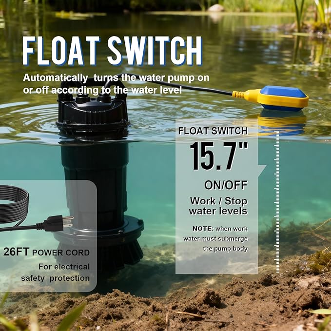 Weeflos 1.6HP Submersible Sump Pump, Automatic ON/OFF, 6300 GPH High Flow, 36ft Max Head, for Dirty Water Removal, Flooded Basement, Swimming Pool Cover, Hot Tubs, Lightweight Aluminum (1HP/36FT)