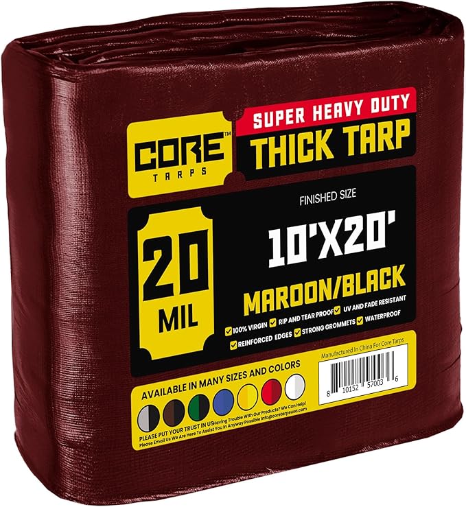 Core Tarps Extreme Heavy Duty 20 Mil Tarp Cover, Waterproof, UV Resistant, Rip and Tear Proof, Poly Tarpaulin with Reinforced Edges for Roof, Camping, Patio, Pool, Boat (Maroon/Black 10′ X 20′)