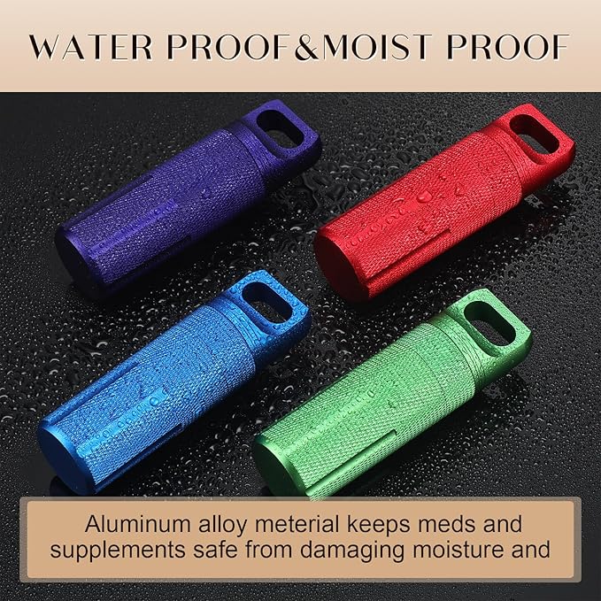 Patelai 4 Pcs Portable Keychain Pill Holder Pill Organizer Travel Waterproof Match Container Aluminum Airtight Keychain Container Travel Size Storage Supplements Holder for Outdoor Camping(Vibrant)