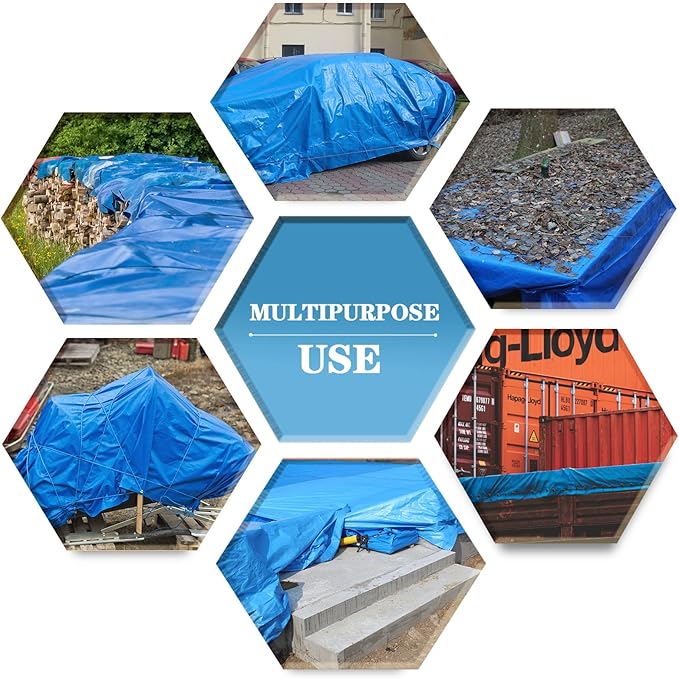 Tarp Heay Duty Waterproof 6x10ft,Blue Tarp Cover Plastic Poly Tarpaulin for Outdoor Cover,Emergency Rain,Roof, Pool, Boat,Camping - Multipurpose with 16Mil Thickness