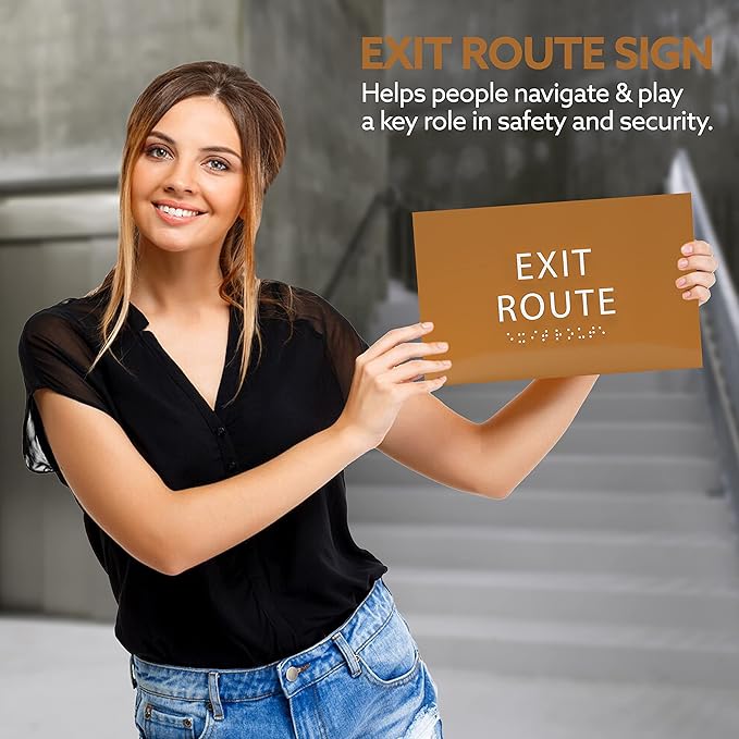 6" X4" Exit Route Sign- Tactile Graphics Grade 2 Braille Text | Modern Utility Wall Mount ADA Compliant Plastic Signs For Schools, Offices, Businesses, Apartments & Restaurants