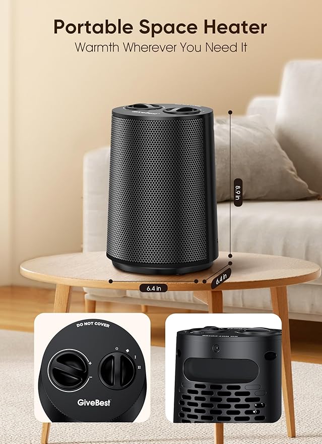 GiveBest Space Heater, 1500W Portable Heaters for Indoor Use, PTC Ceramic Heater with Heating and Fan Modes, Overheat & Tip-Over Protection, Ideal for Bedroom, Office & Desk Use, Black