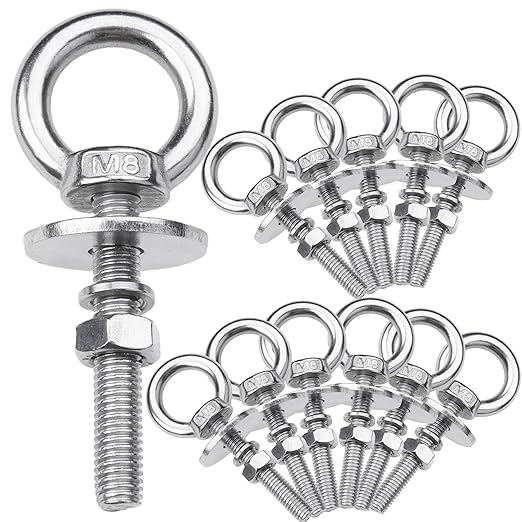 12 Pack M8 Stainless Steel Eye Bolts with Nuts, 5/16" x 2" Long Lifting Ring Eye Bolt， Eye Bolts Heavy Duty for Hang Tie Down Outdoor (12, M8x51mm (5/16"x2"))