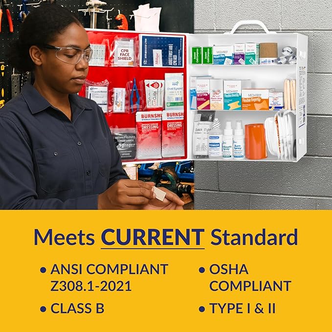 MFASCO OSHA/ANSI 2021 Class B Compliant First Aid Cabinet - Large 3-Shelf Wall Mount Kit for Office, Commercial Businesses - Complete Metal First Aid Box with Supplies - No Medications