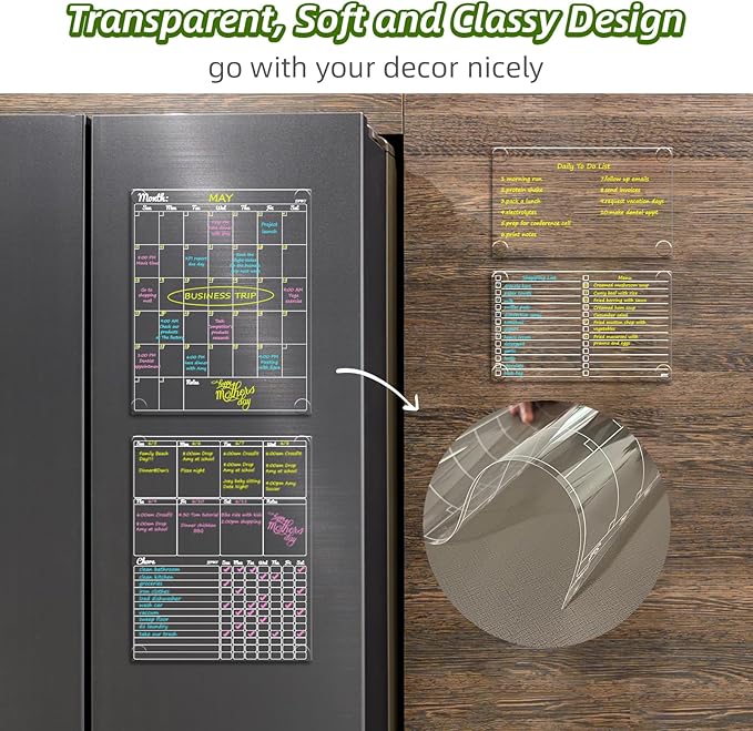 JJPRO Non-Magnetic Dry Erase Calendar - Monthly & Weekly Chart, List & Blank Board for Smooth Surfaces. Clear Reusable Calendar Sticks to Fridge, Cabinet, Door & Glass