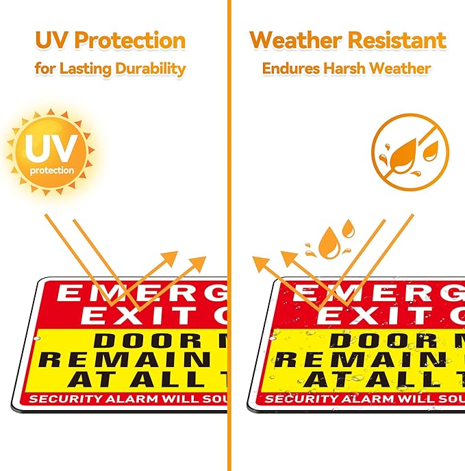 Emergency Exit Only Sign, (2 Pack) Self Adhesive Emergency Exit Sign Sticker for Door, Rust Free and Reflective Aluminum Metal Signs for Wall (9 x 6 inches, Red/Yellow)