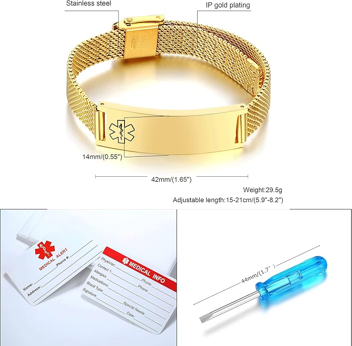 VNOX Medical Alert Bracelets for Men & Women Kids with Free Engraving Adjustable Stainless Steel Mesh Emergency Medical ID Bracelets Wristband