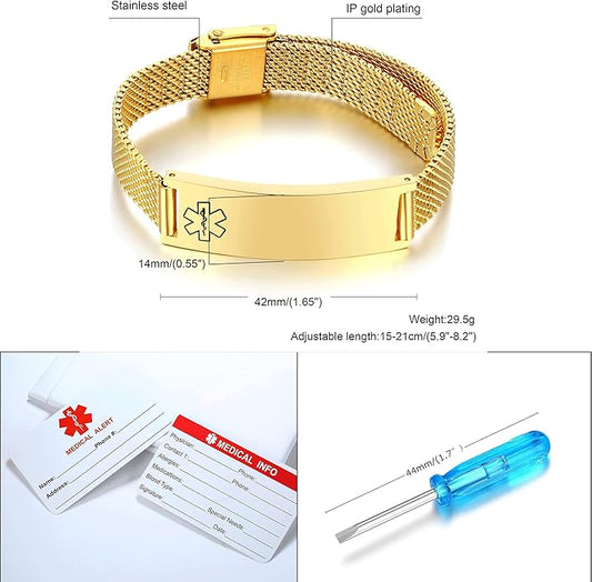 VNOX Medical Alert Bracelets for Men & Women Kids with Free Engraving Adjustable Stainless Steel Mesh Emergency Medical ID Bracelets Wristband