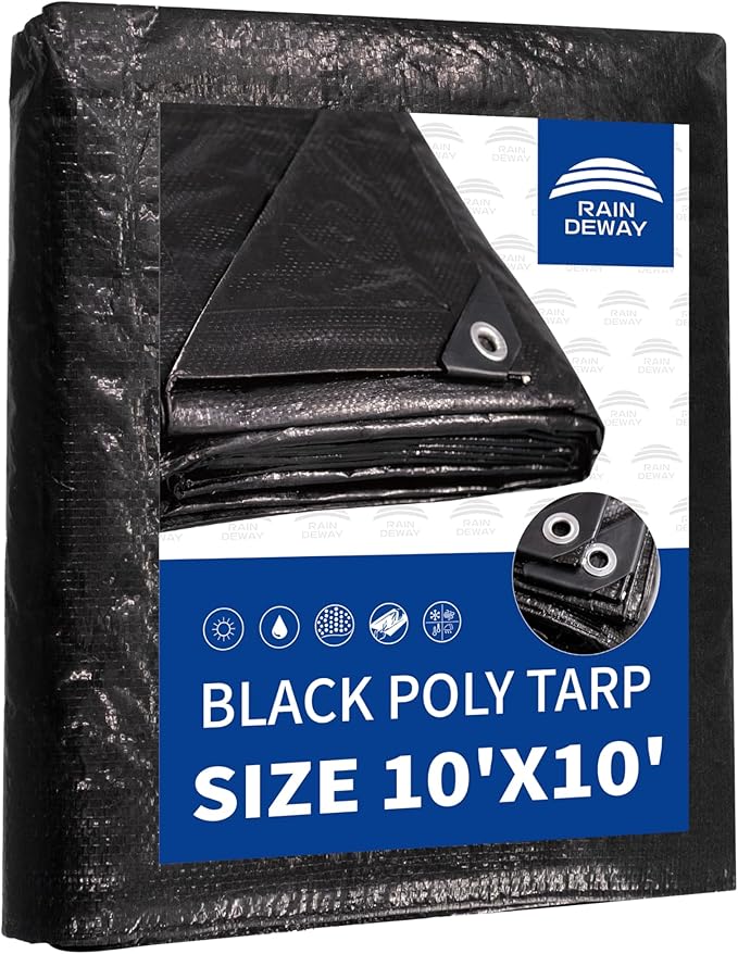 RAINDEWAY Black Tarps 10x10 Feet,UV Resistant, Multipurpose Medium Duty Waterproof Poly Tarp, Square Tent Tarp,Cover with Metal Grommets and Reinforced Edges, Finished Size