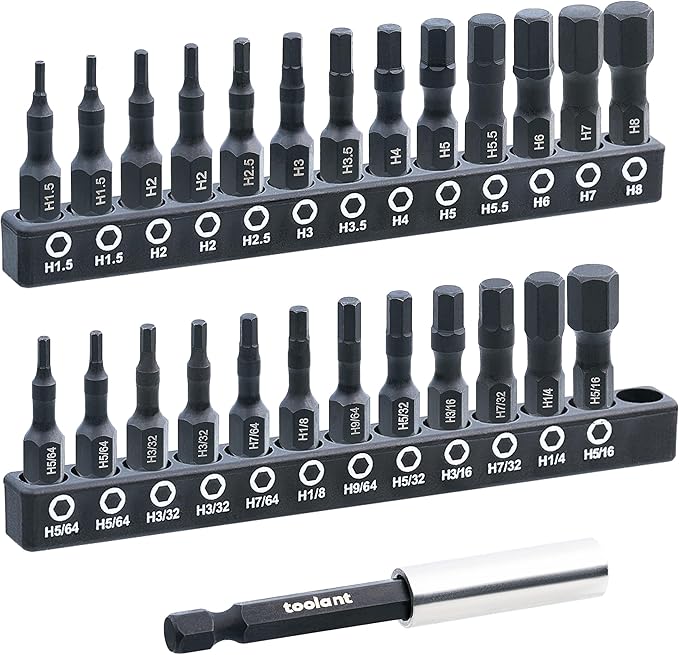 toolant 26 Pcs Hex Head Allen Wrench Drill Bit Set,1/4Hex Shank Quick Change Bit Holder,Metric and SAE Durable Allen Key Drill Bits with Strong Magnetic,1” Long with Storage Box