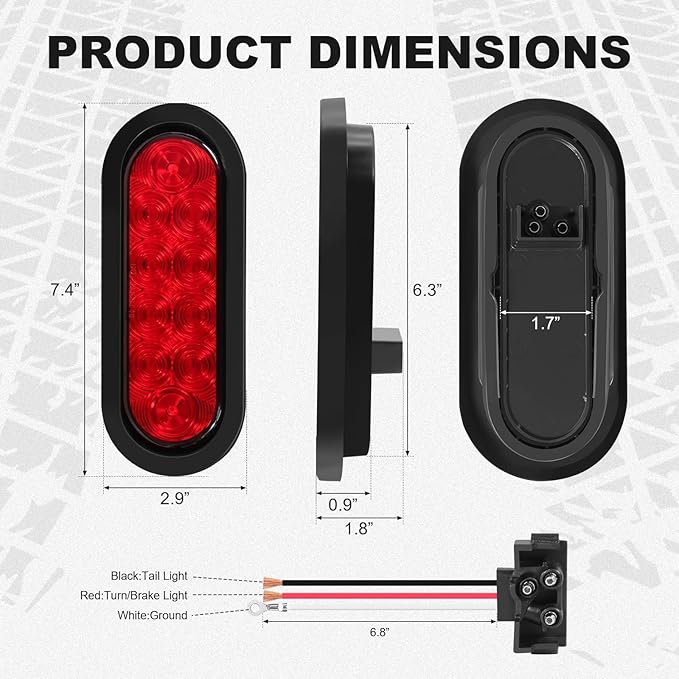 6 Inch Oval LED Trailer Lights, Red Trailer Light Kit with Rubber Grommet, 12V Waterproof Tail Light for Utility Truck Flatbed Tractor RV Boat Running Brake Stop Turn Signal, DOT Compliant