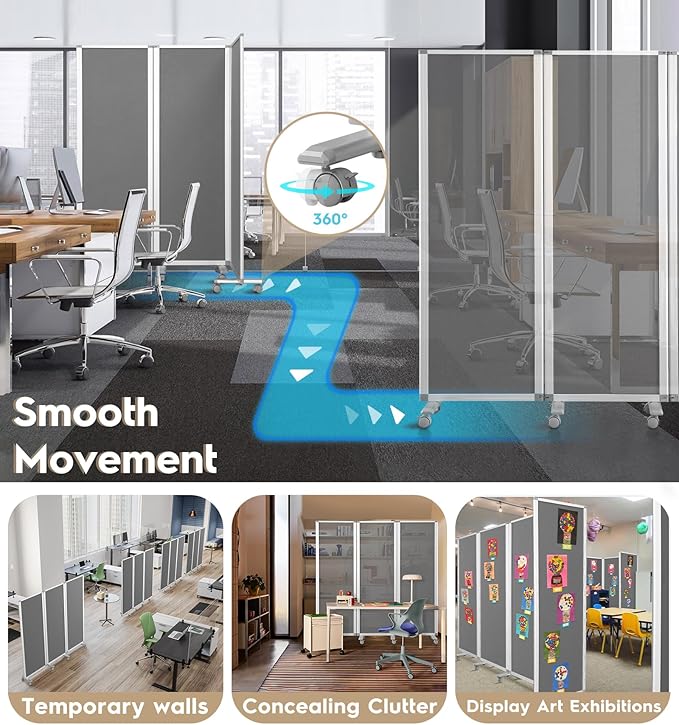 Flodable Wall Partition Sliding Office Dividers Workstation Privacy Panels Freestanding Rolling Screen,Grey Fabric,71" H x 24" W,Locking Wheel