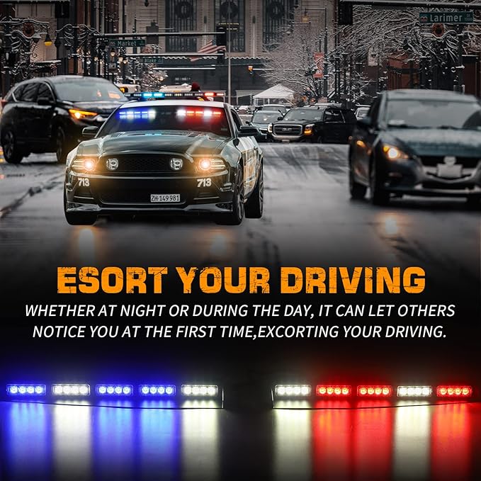 XRIDONSEN 34 inch Emergency Visor Police Lights 40 LED Red Blue Police Light Bar Safety Flashing Warning Hazard Interior Front Windshield Strobe w/White Take Down Deck Split Mount for Vehicles Trucks