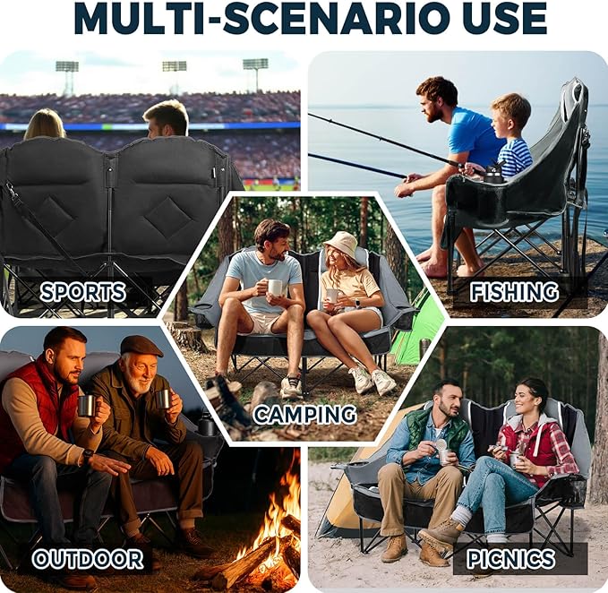 Oversized Double Camping Chair - 2 Person Portable Folding Outdoor Loveseat Heavy Duty Lawn Chairs for Adults with Padded Cushion & Dual Cup Holders, Supports 660LBS for Camping，Sports，Picnic