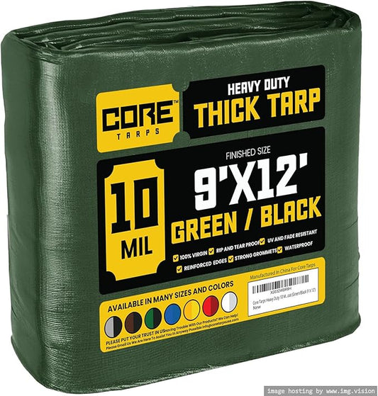 Core Tarps Heavy Duty 10 Mil Tarp Cover, Waterproof, UV Resistant, Rip and Tear Proof, Poly Tarpaulin with Reinforced Edges for Roof, Camping, Patio, Pool, Boat (Green/Black 9′ X 12′)