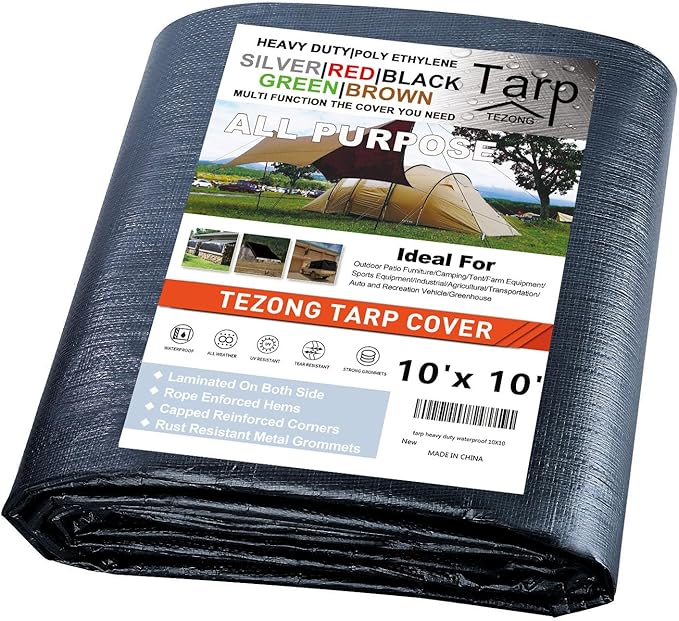 Tarps Heavy Duty Waterproof 10x10ft,TEZONG Black Poly Tarp 16Mil Multipurpose Tarpaulin Outdoor Cover for Emergency Rain,Patio Furniture,Roof,Camping,Car,Pool