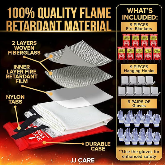 JJ CARE Fire Blanket – 9 Packs with Hooks and Gloves – 40” x 40” Fire Blankets Emergency for Home and Kitchen, High Heat Resistant and Flame Protection for Kitchen, Car, Office, Camping & Home Safety