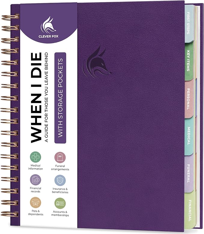 Clever Fox When I Die Planner With Pockets for Documents – End-of-Life Organizer Binder for Important Personal Info & Final Wishes (Purple)