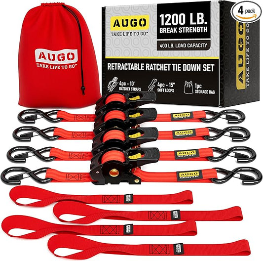 AUGO Retractable Ratchet Straps | 4 Heavy Duty Ratchet Straps Self Retractable Tie Downs with Soft Loops & Storage Bag for Motorcycle, Truck, Trailer, Cargo Van | 1200 Lb Break Strength 1” x 10’