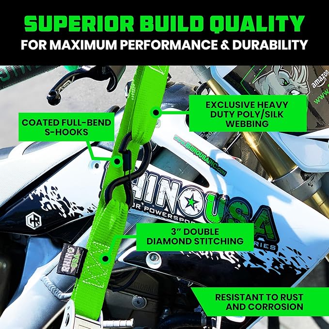 Rhino USA Motorcycle Tie Down Straps (2 Pack) Lab Inspected 2,200lb Break Strength, Steel Cambuckle Tiedown Set with Integrated Soft Loops - Better Than a Ratchet Strap (Green 2-Pack)