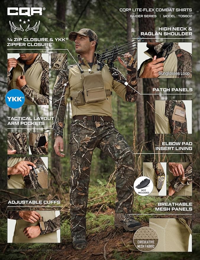 CQR Men's Combat Shirt Tactical 1/4 Zip Long Sleeve Military BDU Shirts Camo EDC Top with Pockets