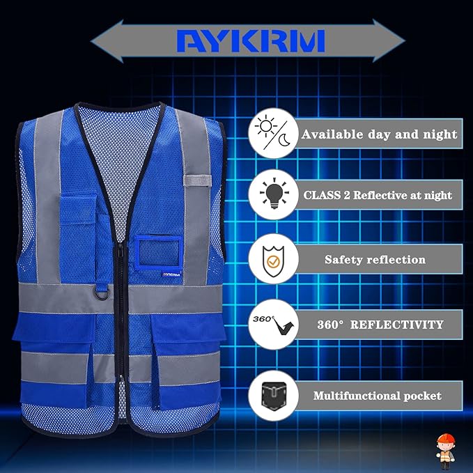 A-SAFETY High Visibility Mesh Safety Reflective Vest with Pockets and Zipper,Hi Viz Work Vest for Men Women (Blue Mesh 6XL-8XL)
