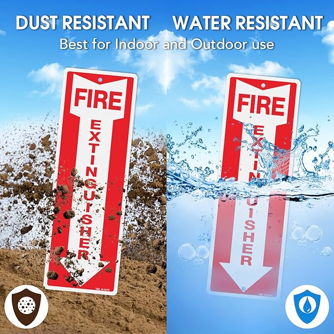 T&R Metal Fire Extinguisher Sign - 4 Pack - 12"x4" .040 Rust Free Heavy Aluminum, Reflective, Waterproof, Weatherproof and Fade Resistant, 2 pre-drilled holes, Easy to Install Indoors and Outdoors