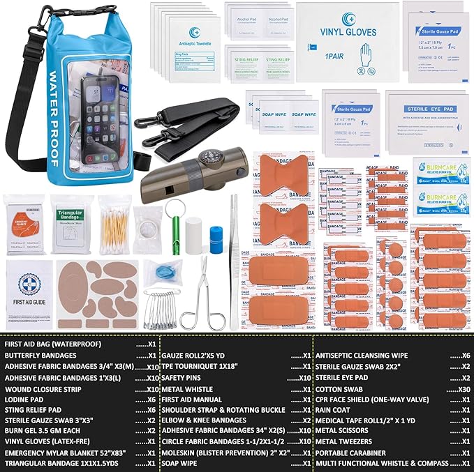 154 Pieces Waterproof Boat First Aid Kit Dry Bag with Cell Phone Bug Out Bags Pouch Roll Top Boat Emergency Kit 2-in-1 for Camping Fishing Kayaking Swimming Rafting