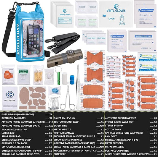 154 Pieces Waterproof Boat First Aid Kit Dry Bag with Cell Phone Bug Out Bags Pouch Roll Top Boat Emergency Kit 2-in-1 for Camping Fishing Kayaking Swimming Rafting