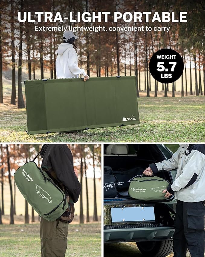 Gonex 31.5" Extra Wide Camping Cot with Premium Pillow Pocket Supports 350lbs, Portable Ultralight Folding Cot Bed for Adults Travel, Beach, Home, Sleeping (Army Green)
